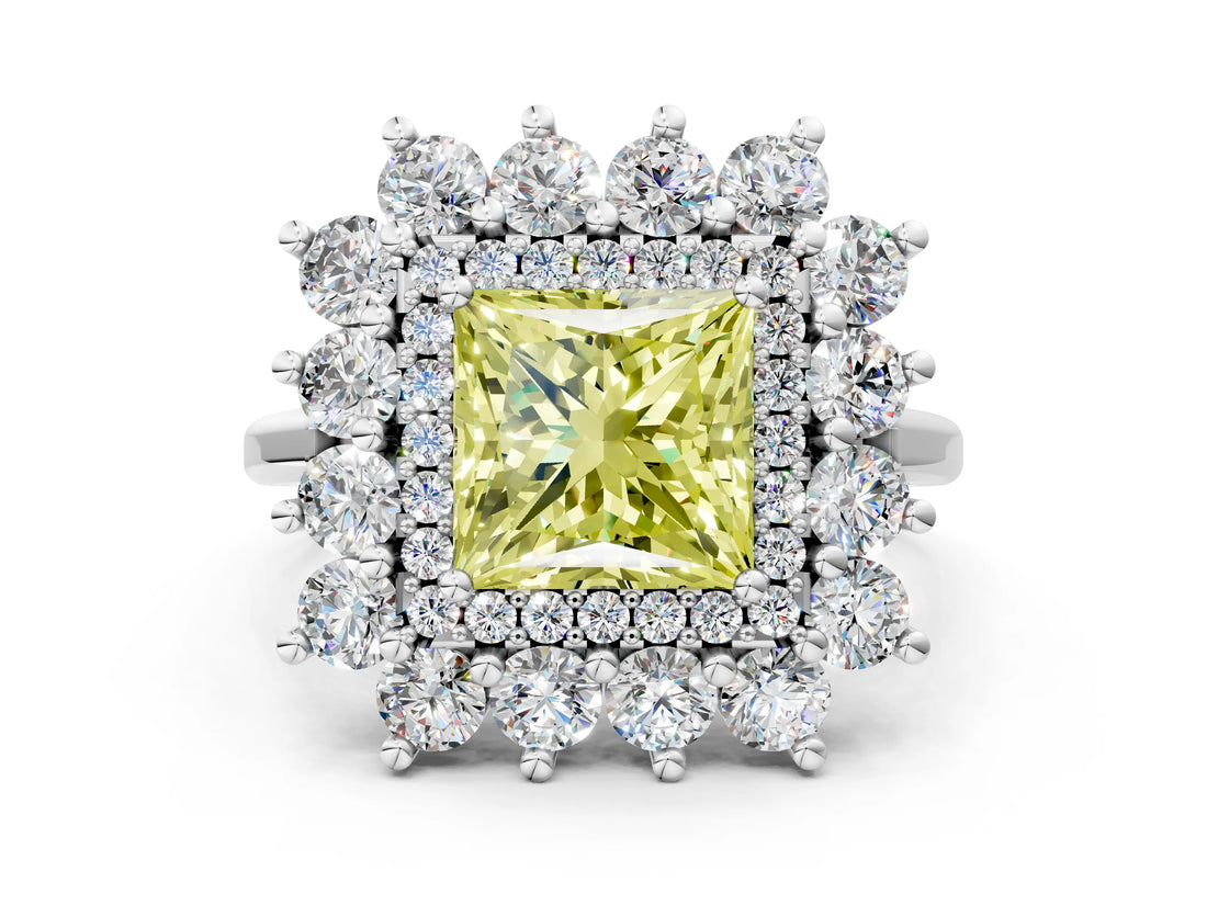 Silver Fancy Yellow Princess Cut Diamond Floral Double Halo Engagement Ring with Prong Setting_44
