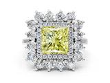 Silver Fancy Yellow Princess Cut Diamond Floral Double Halo Engagement Ring with Prong Setting_44