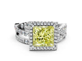 Silver Fancy Yellow Princess Cut Diamond Halo Ring with Round Split Shank and Prong Setting