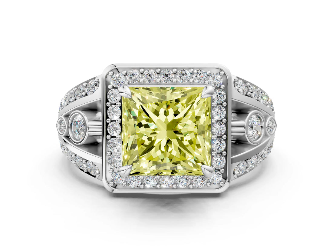 Silver Fancy Yellow Princess Cut Diamond Halo Ring with Split Shank and Bezel Accents and Four-Prong Setting_6