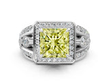 Silver Fancy Yellow Princess Cut Diamond Halo Ring with Split Shank and Bezel Accents and Four-Prong Setting_6