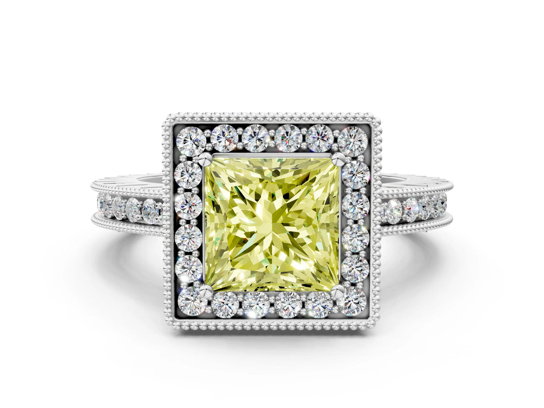 Silver Fancy Yellow Princess Cut Diamond Milgrain Halo Engagement Ring with Round Pavé Band and Prong Setting_12