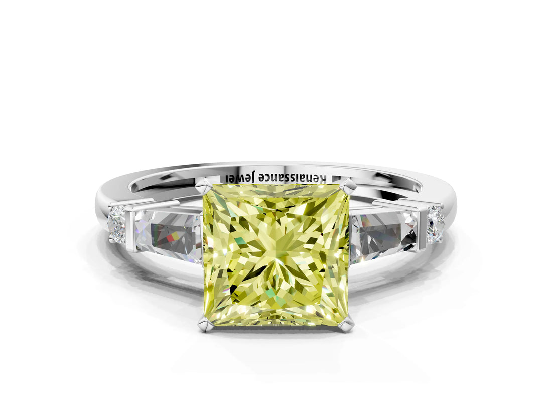Silver Fancy Yellow Princess  Cut Diamond Ring with Baguette Side Stones, Channel Set Band, and Four-Prong Setting_12