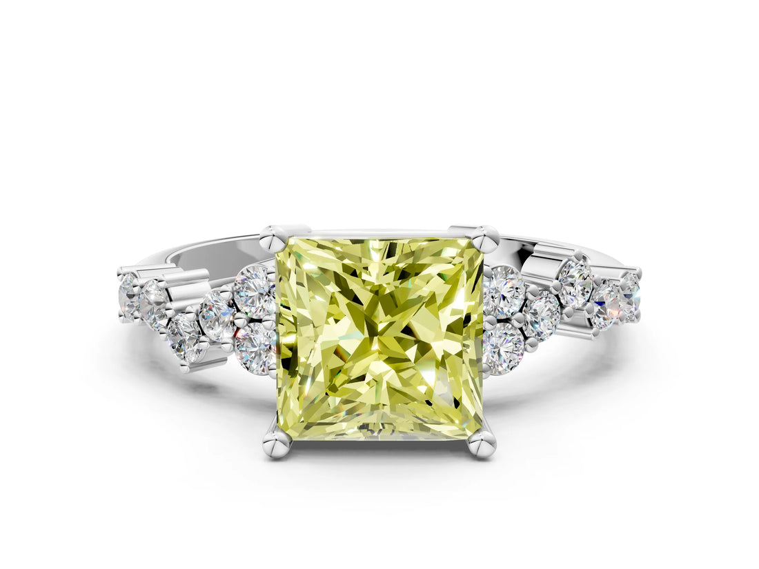Silver Fancy Yellow Princess Cut Diamond Scattered Round Accent Ring with Prong Setting