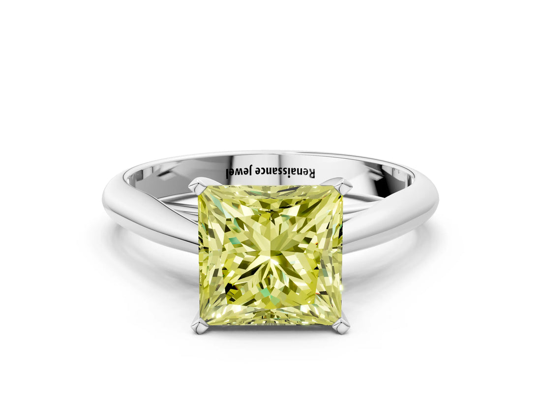 Silver Fancy Yellow Princess Cut Diamond Solitaire Engagement Ring with Cathedral Setting and Four-Prong Mount