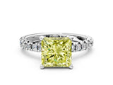 Silver Fancy Yellow Princess Cut Diamond Solitaire Pavé Engagement Ring with Round Band and Prong Setting