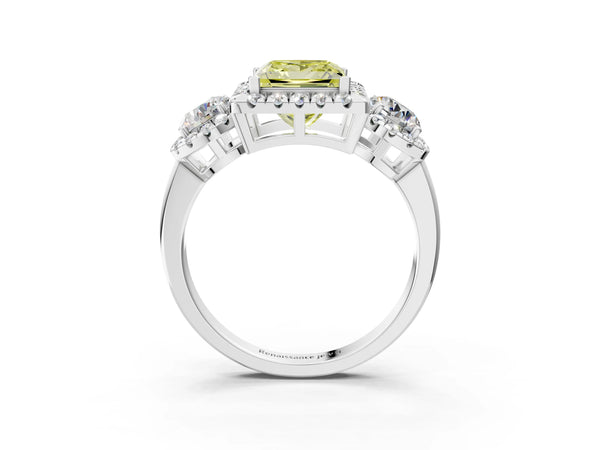 Sterling Silver Princess Cut Three Stone Halo Engagement Ring Setting for Fancy Yellow Center