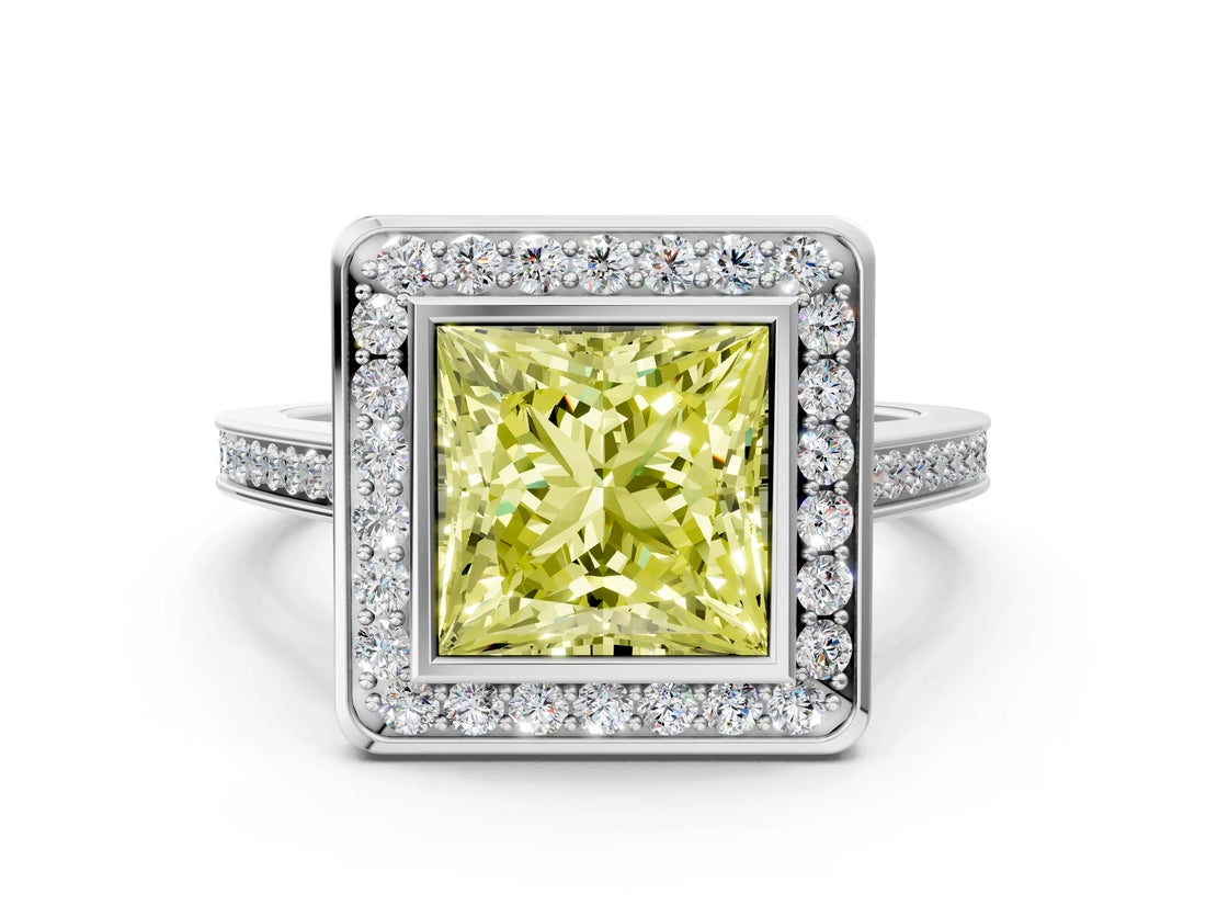 Silver Fancy Yellow Princess Cut Halo Bezel Diamond Pave Band Ring_6