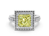 Silver Fancy Yellow Princess Cut Halo Diamond Ring with Beaded Split Shank and Four-Prong Setting_6