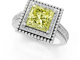 Silver Fancy Yellow Princess Cut Halo Diamond Ring with Beaded Split Shank and Four-Prong Setting_7