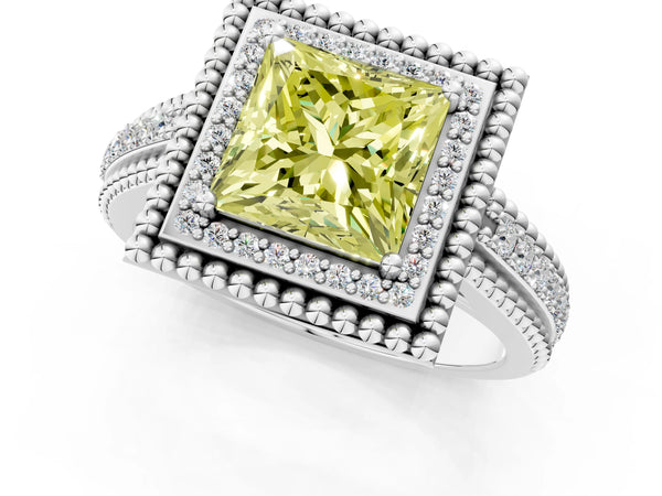 Sterling Silver Princess Cut Beaded Halo Engagement Ring Setting for Fancy Yellow Center with Pave
