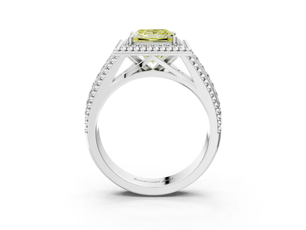 Sterling Silver Princess Cut Beaded Halo Engagement Ring Setting for Fancy Yellow Center with Pave