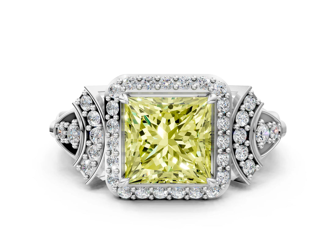 Silver Fancy Yellow Princess Cut Halo Diamond Split Shank Engagement Ring with Four-Prong Setting_6