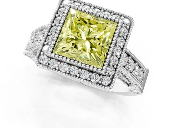 Sterling Silver Princess Cut Vintage Bezel Halo Engagement Ring Setting for Fancy Yellow Center