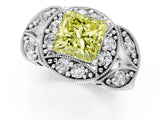 Silver Fancy Yellow Princess Cut Halo Milgrain Diamond Engagement Ring with Leaf Band and Four-Prong Setting_13