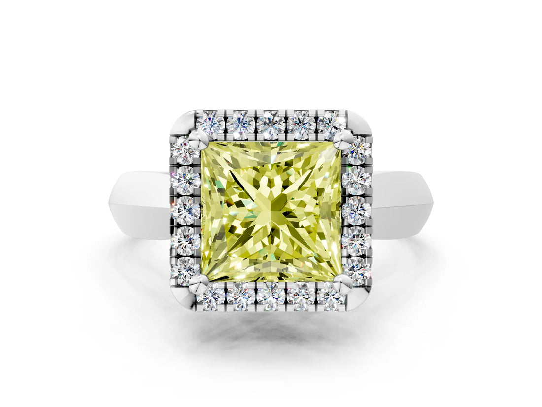 Silver Fancy Yellow Princess  Cut Halo Solitaire Engagement Ring with Square Band and Four-Prong Setting_24