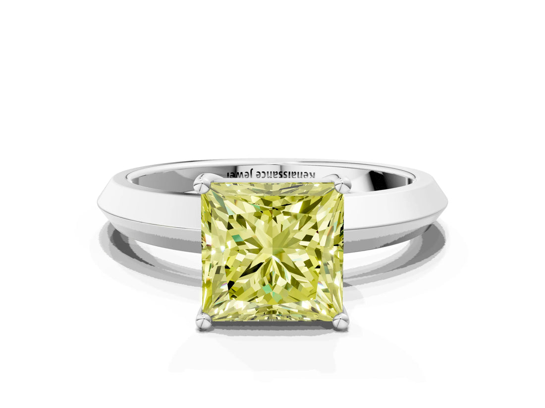 Silver Fancy Yellow Princess  Cut Solitaire Engagement Ring with Flat Band and Four-Prong Setting 1