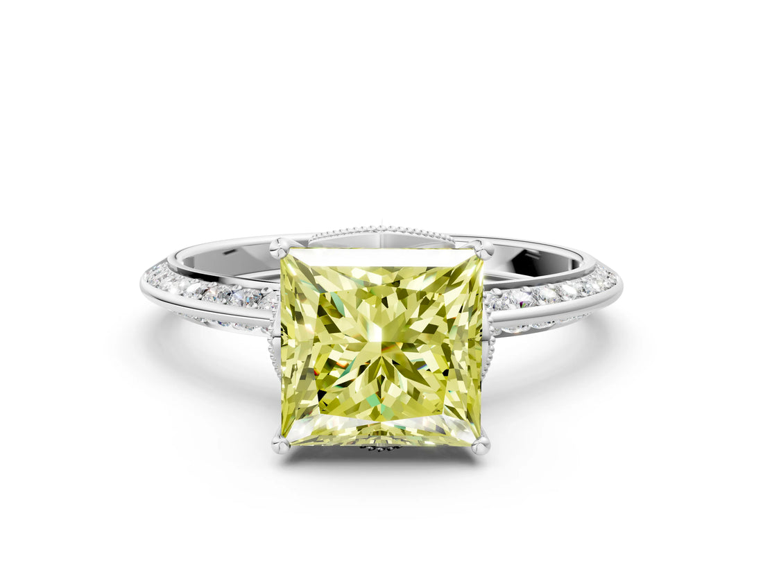 Silver Fancy Yellow Princess Cut Solitaire Split Shank Pave Diamond Engagement Ring with Four-Prong Setting_6