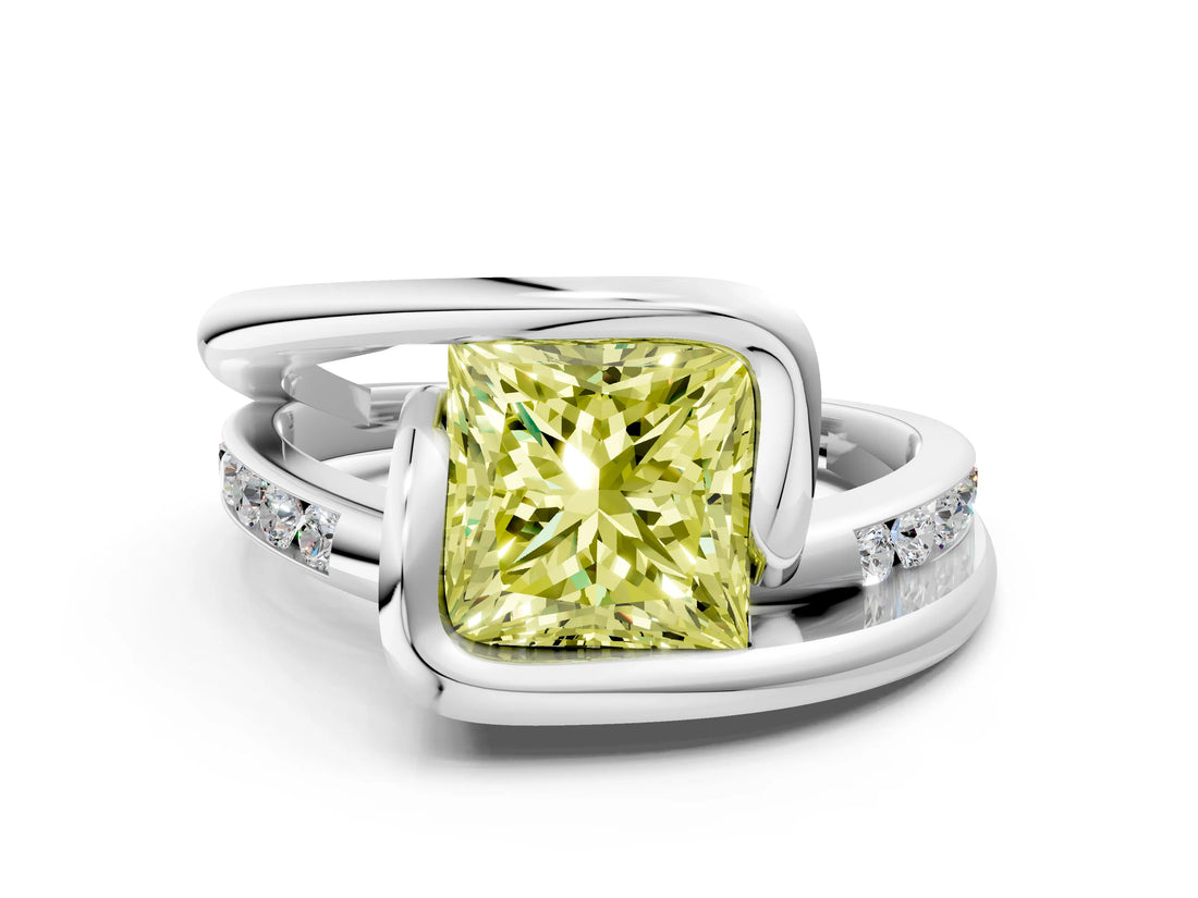 Silver Fancy Yellow Princess Cut Solitaire Tension-Set Diamond Split Shank Ring_6