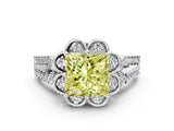 Silver Fancy Yellow Princess  Halo Diamond Floral Split Shank Engagement Ring