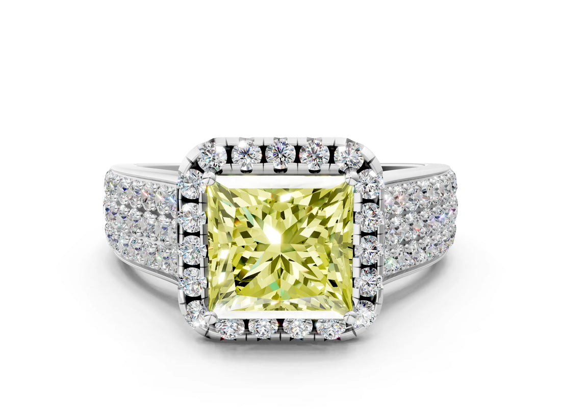 Silver Fancy Yellow Princess  Halo Round Diamond Pave Band with Prong Setting 1