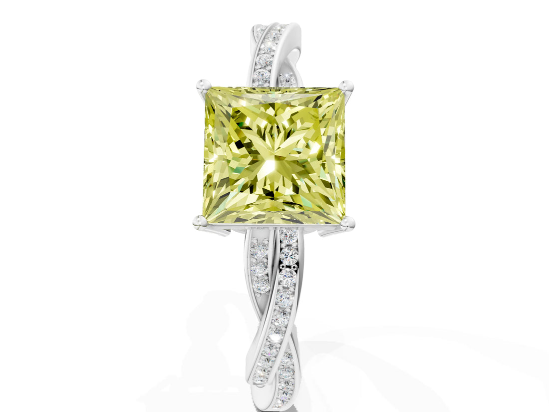 Silver Fancy Yellow Princess  Solitaire Twisted Pave Diamond Ring with Four-Prong Setting