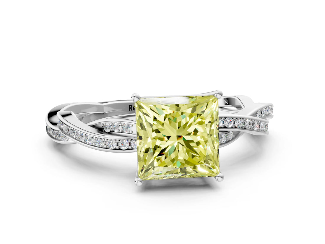 Silver Fancy Yellow Princess  Solitaire Twisted Pave Diamond Ring with Four-Prong Setting_18