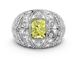 Silver Fancy Yellow Radiant Cut Brilliant Halo Pave Diamond Milgrain Ring_12