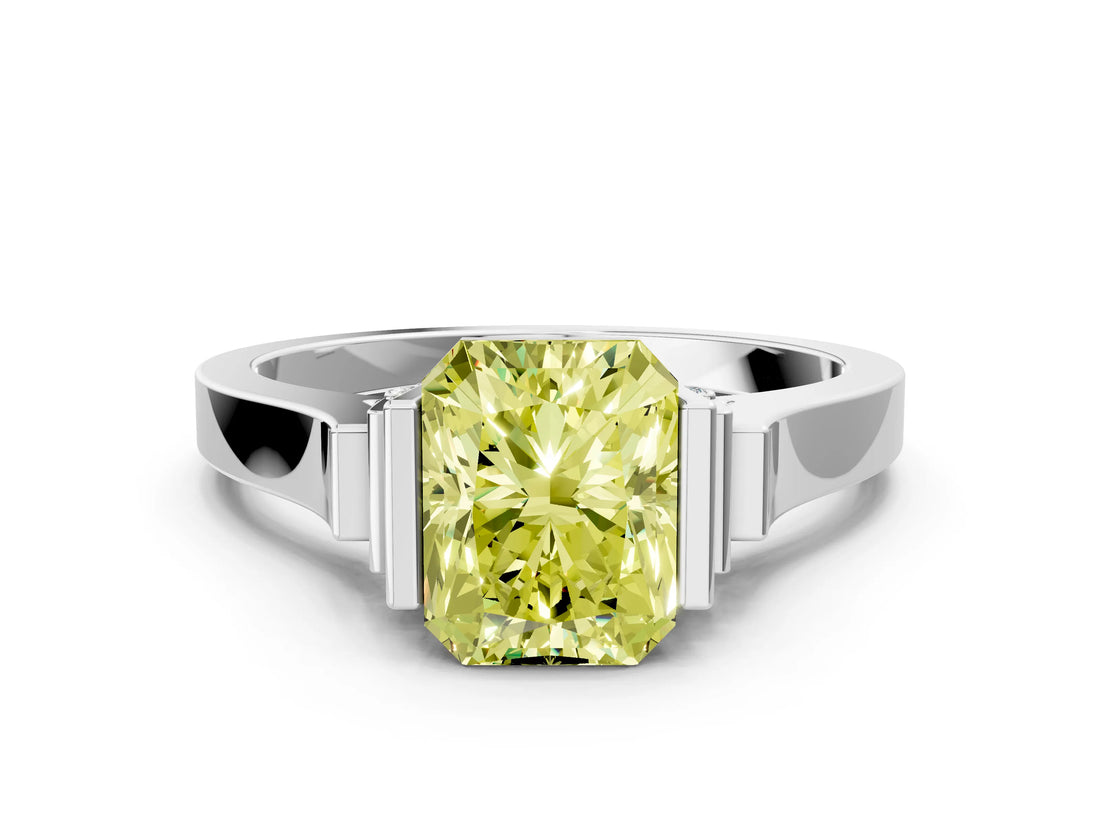 Silver Fancy Yellow Radiant Cut Brilliant Solitaire Diamond Ring with Channel Set Band and Bar Prong Setting_6