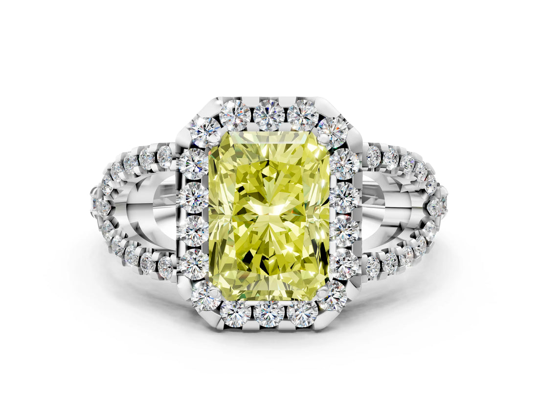 Silver Fancy Yellow Radiant Cut Cut Diamond Halo Engagement Ring with Open Split Pavé Band_6