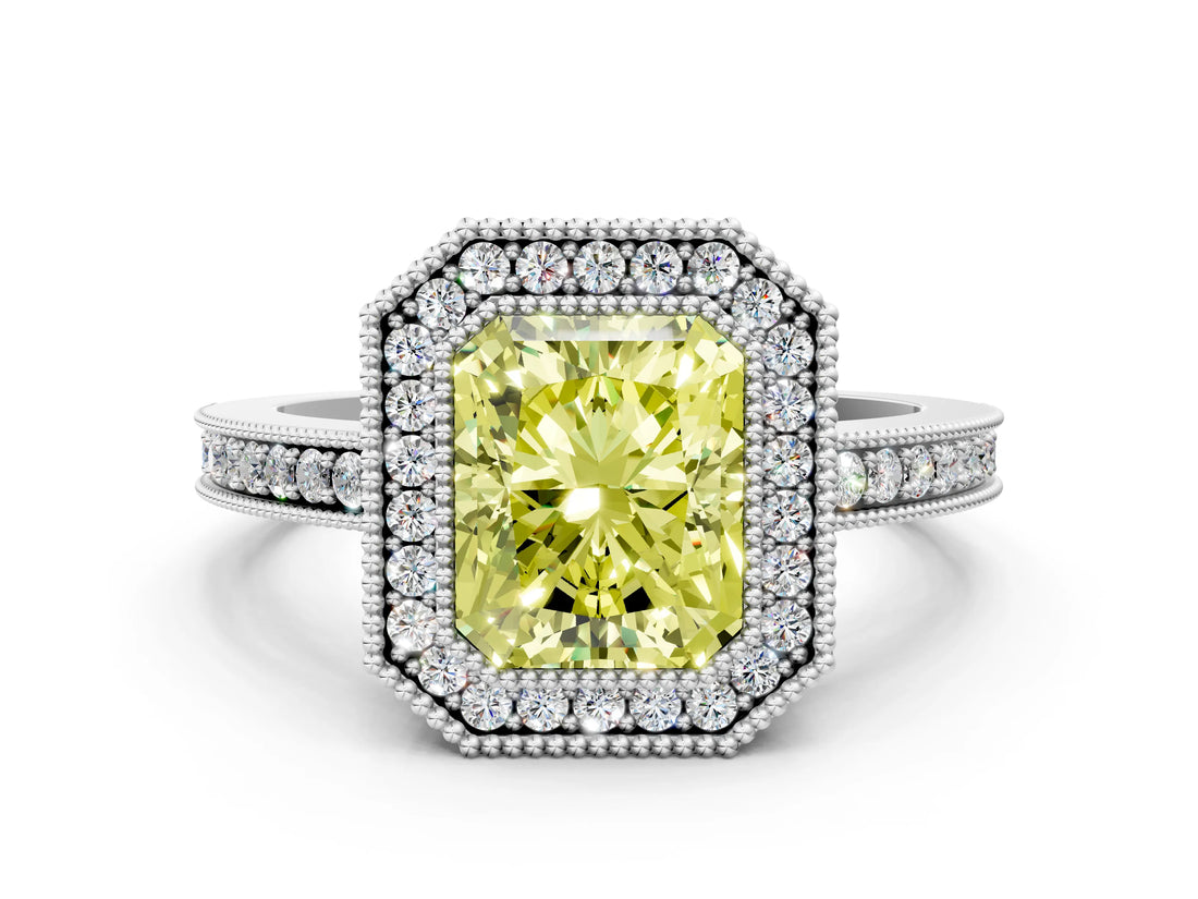 Silver Fancy Yellow Radiant Cut Cut Halo Pavé Diamond Ring_12