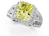Silver Fancy Yellow Radiant Cut Diamond Halo Ring with Split Shank and Bezel Accents and Four-Prong Setting_7
