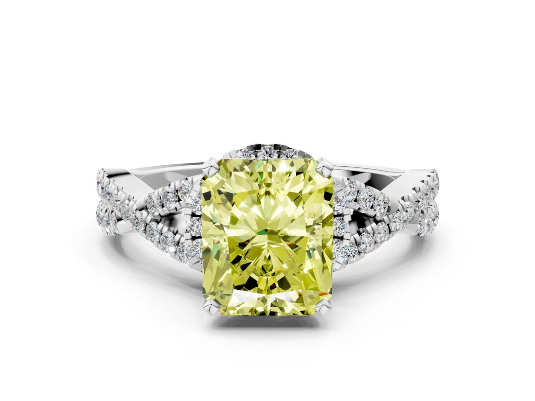 Silver Fancy Yellow Radiant Cut Diamond  Halo Twist Band Solitaire Prong Setting Ring_24