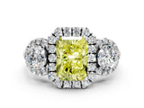 Silver Fancy Yellow Radiant Cut Diamond Three-Stone Halo Ring with Prong Setting and Pavé Accents_12