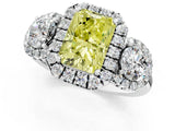 Silver Fancy Yellow Radiant Cut Diamond Three-Stone Halo Ring with Prong Setting and Pavé Accents_13