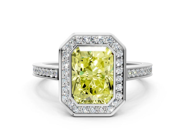 Silver Fancy Yellow Radiant Cut Halo Bezel Diamond Pave Band Ring