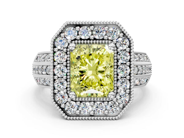 Silver Fancy Yellow Radiant Cut Halo Diamond Engagement Ring with Pave Split Shank and Four-Prong Setting