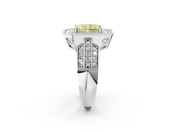 Silver Fancy Yellow Radiant Cut Halo Diamond Engagement Ring with Pave Split Shank and Four-Prong Setting