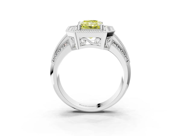 Silver Fancy Yellow Radiant Cut Halo Diamond Engagement Ring with Pave Split Shank and Four-Prong Setting