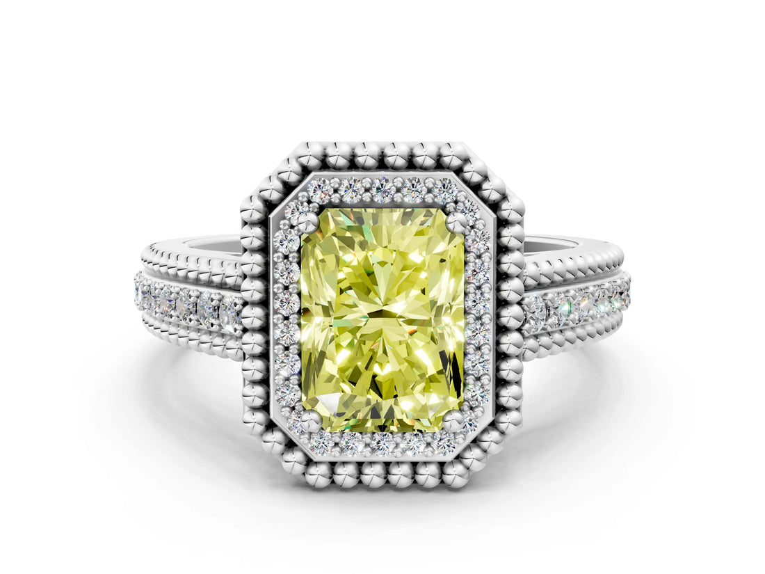 Silver Fancy Yellow Radiant Cut Halo Diamond Ring with Beaded Split Shank and Four-Prong Setting_6