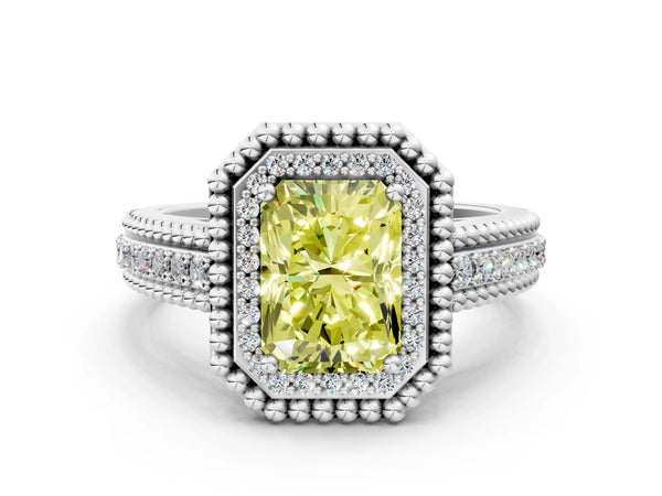Sterling Silver Radiant Cut Beaded Halo Engagement Ring Setting for Fancy Yellow Center with Pave