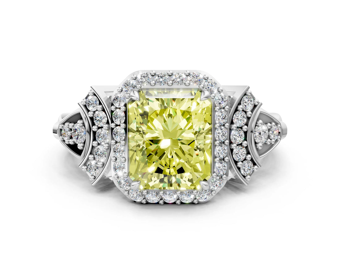 Silver Fancy Yellow Radiant Cut Halo Diamond Split Shank Engagement Ring with Four-Prong Setting_6