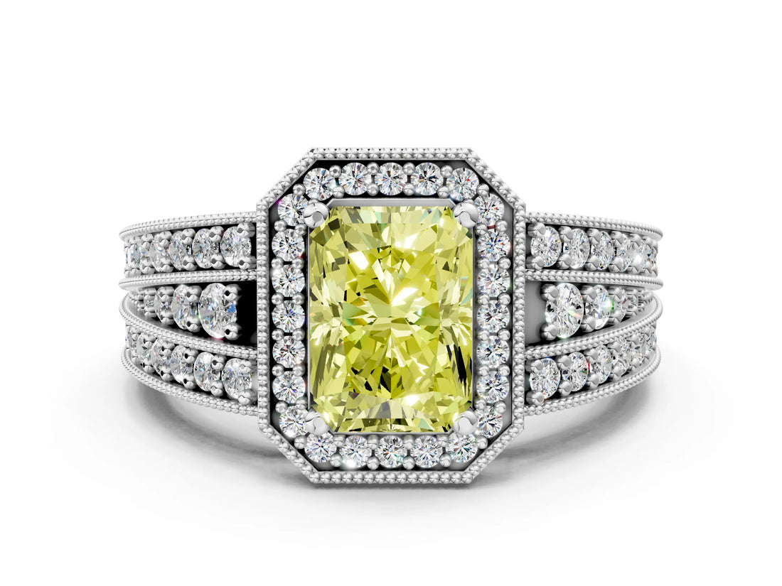 Silver Fancy Yellow Radiant Cut Halo Diamond Split Shank Ring with Prong Setting_36