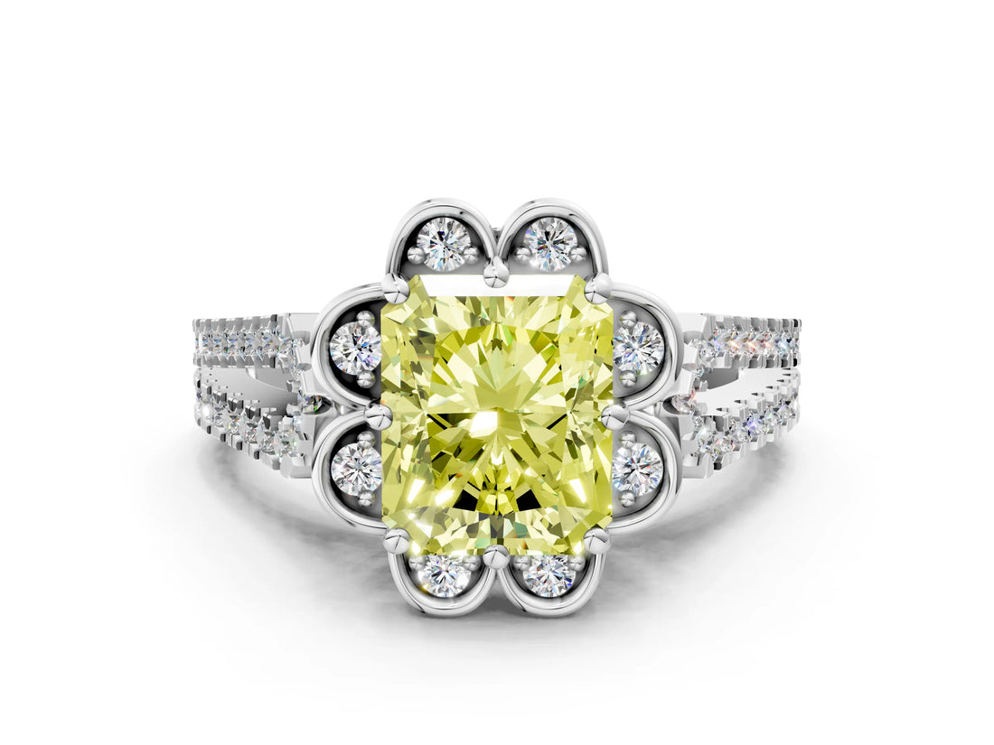 Silver Fancy Yellow Radiant  Halo Diamond Floral Split Shank Engagement Ring