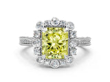 Silver Fancy Yellow Radiant  Halo Milgrain Pave Diamond Ring with Four-Prong Setting