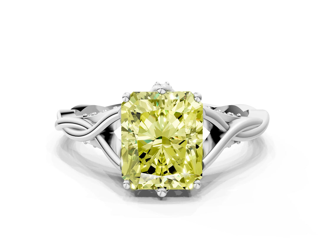 Silver Fancy Yellow Radiant  Solitaire Twist Band Six-Prong Setting