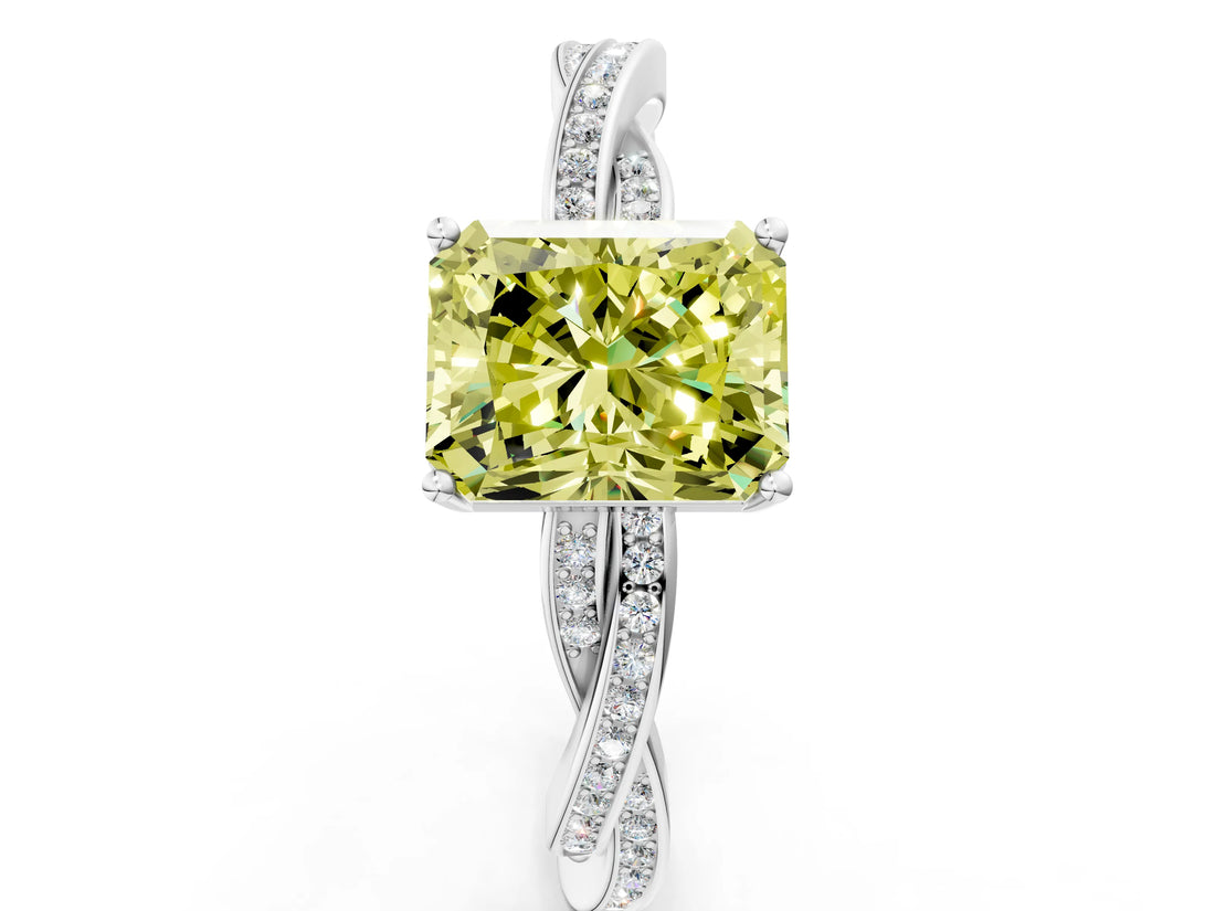 Silver Fancy Yellow Radiant  Solitaire Twisted Pave Diamond Ring with Four-Prong Setting