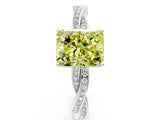 Silver Fancy Yellow Radiant  Solitaire Twisted Pave Diamond Ring with Four-Prong Setting