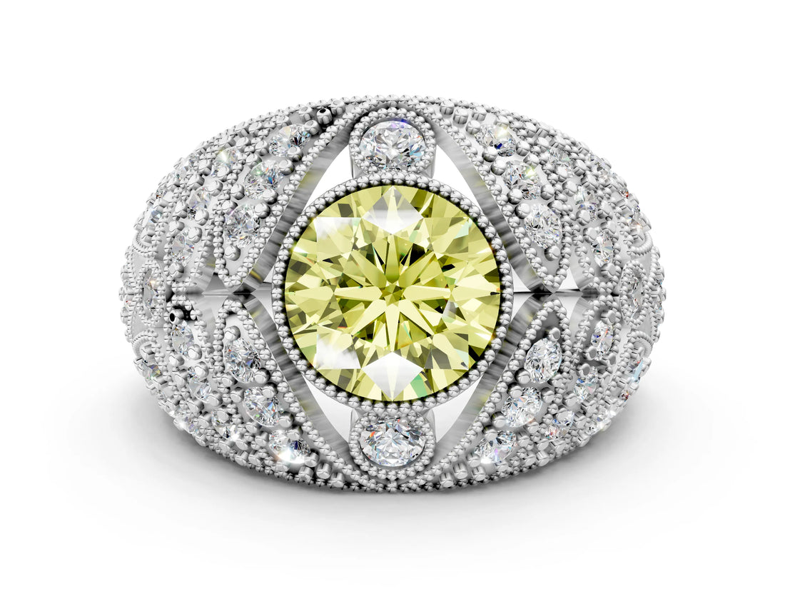 Silver Fancy Yellow Round Cut Brilliant Halo Pave Diamond Milgrain Ring_6