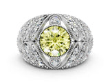 Silver Fancy Yellow Round Cut Brilliant Halo Pave Diamond Milgrain Ring_6